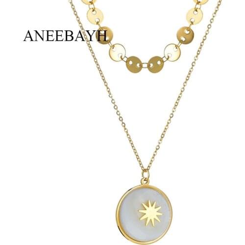 Bohemia Gold Star Pendant Necklaces For Women Stainless Steel Mutilayered Round Shell Sequins Disc Choker Necklace Gift