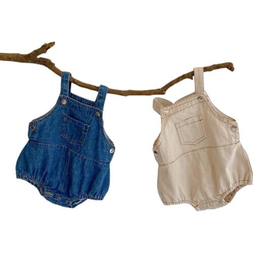 Newborns Romper Infants Solid Color Jumpsuit Sleeveless Crotch Button Denim Garment for Baby