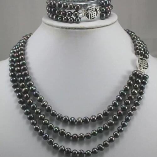 Womens fashion design 3 rows of 6-7mm black Natural Freshwater Pearl Button Necklace + Bracelet Set
