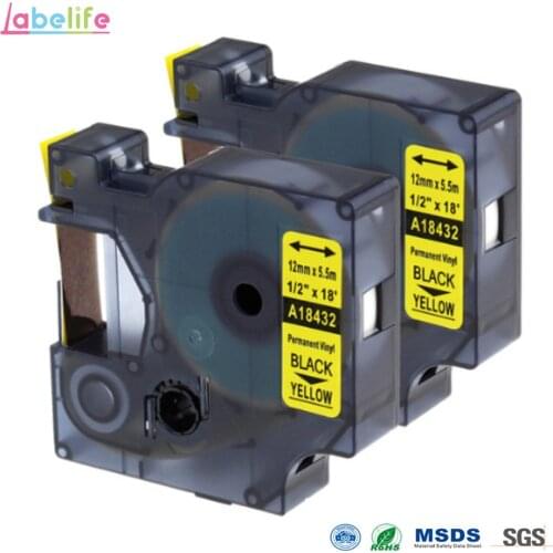 Labelife 2 Pack 18432 For DYMO Rhino Labels Black on Yellow 12mmX5.5m Industrial Labels for DYMO Rhino Label Makers S0718450