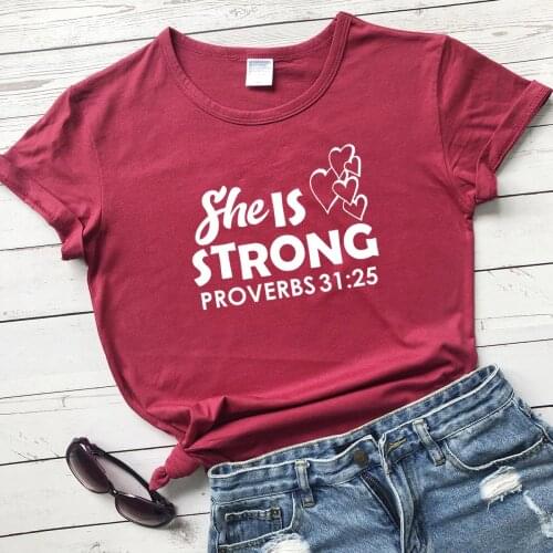 Best Christian She Is Strong Jesus Faith Religious Inspirational Bible Quotes Church t shirt slogan cotton tee vintage top R096