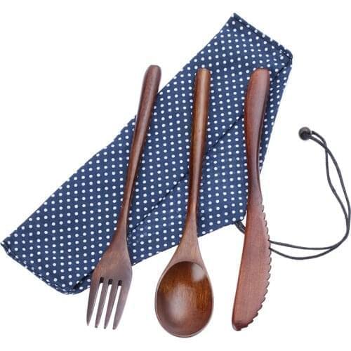 Wooden Cutlery Set Spoon Fork Cutter Reusable Wood Bamboo Flatware With Bag Portable Dinnerware Tableware Student Lunch Supplies