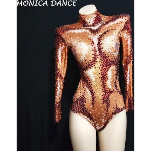 Sexy Rhinestones Sparkly AB Beads Orange Bodysuit Big Stretch Outfit Nightclub Birthday DS Costume Female Singer Dance Leotard