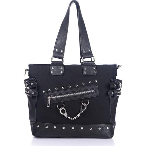 JIEROTYX Fashion Vintage Canvas Tote Bag Rivet Womens Bag Zipper Wide Strap Shoulder Bag Gothic Punk Handbag Woman High Quality