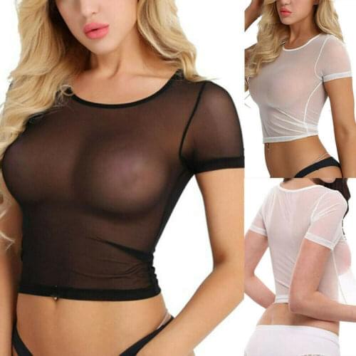 Hot Sale Women Solid Sexy Sheer Mesh See-Through Short Sleeve Tops Crop Slim T-Shirt Blouse Exotic Apparel Exotic Clothing