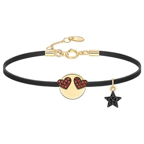 Real 925 Sterling Silver Funny Loving Emoticon Leather Bracelet with Charm Star Pave Cubic Zirconia Women Fashion Jewelry