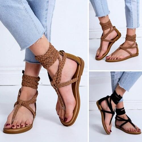 2021 Womens Sandals Ladies Summer Strap Woven Toepost Ankle Flat Sandals Roman Style Casual Female Comfortable Beach Shoes