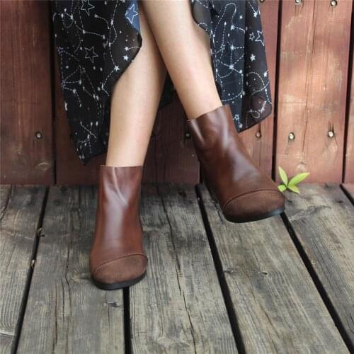 Womens Handmade Soft Leather Flats Boots Color Blocking Ankle Boots Original Design Coffee/Black