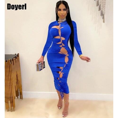 Hollow Out Bandage Bodycon Dress Women Autumn Long Sleeve Sheath Drawstring Lace Up Elegant Sexy Midi Party Dress Clubwear