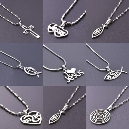 1Pc New Arrival Stainless Steel Fish Shaped Word Jesus Charms Necklaces Diy Religion Cross Pendant Chain Women Choker Jewelry