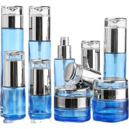 20~120ML Perfume Mist Spray Blue 30/50G Glass Cream Jar Silver Drop Cap Oil Serum Refillable Emulsion Lotion Pump Bottle 10pcs