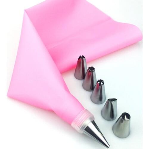 8 PCS/set Silicone Kitchen Accessories 6 Stainless Steel Nozzle DIY Cake Decorating Tips +Icing Piping Cream Pink Pastry Bag