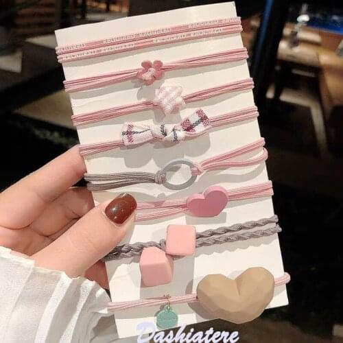 8pcs Fashion Square Hair Bands Girls Heart Love Bow Hair Ties Rubber Coils Ropes Womens Accessories Set Ponytail Elastics Pink