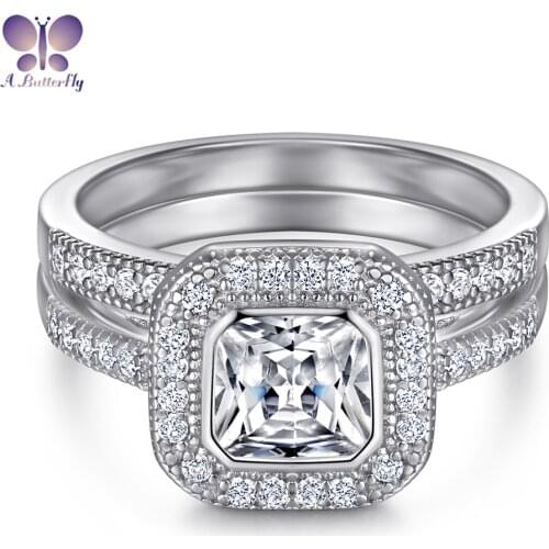 925 Sterling Silver Simulation High Carbon Diamond 7*7 MM 1.5 Ct Cushion Cut Set Ring Quality Is Very Good