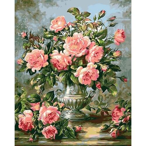 Digital painting by numbers diy home decoration paint on canvas gift craft picture coloring by numbers Pink flower vase DY515