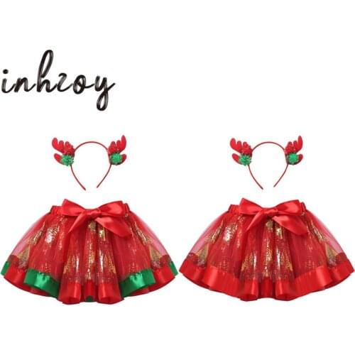 Kids Girls Christmas Elf Costume Mesh Tutu Skirt Princess Xmas Party Ballet Dance Costume Tulle Skirt With Antlers Hair Hoop