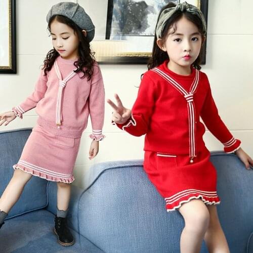 Kids Girls Knit Skirt Sets Fall Winter 2018 Girls Sweater Top & Skirt 2 Pcs Little Girls Sweater Sets Girls Knitwear Red Pink