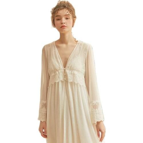 Elegant Retro Two-Pieces Nightdress Lace Vintage Nightgown Women V-neck Gauze Feminine Long Sleeve Dressing Gown Spring Autumn