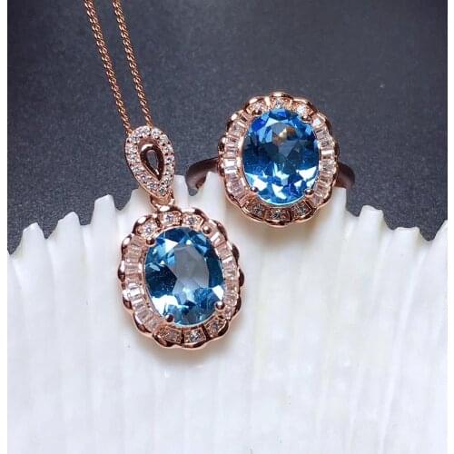 Graceful blue gem ring topaz gemstone ring and necklace silver necklace ocean blue color natural gem one set girl birthday gift