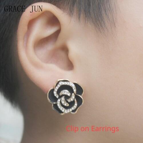 GRACE JUN Clip on Earrings Fashion Rhinestone Flower Shape No Pierced Earrings High Quality Ear Cuffs for Women Charm Jewelry