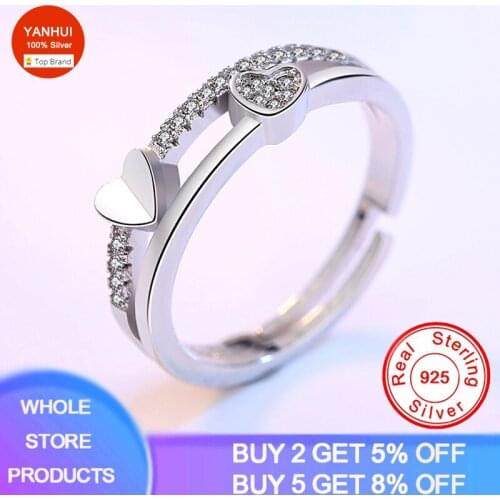 YANHUI Original 925 Sterling Silver Heart Temperament Sweet Fresh Cute Personality Fashion Female Resizable Opening Rings WR77