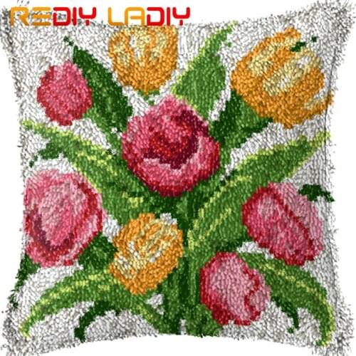 Latch Hook Cushion Color Tulip Pre-Printed Canvas Cushion Cover Acrylic Yarn Crochet Pillow Case Kits Hobby & Crafts Home Decor