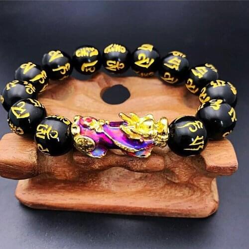 Natural Black Onyx Mantra Beads Transfer Bracelet With Thermochromic Pixiu Charm Strand Bracelets Handmade Jewelry