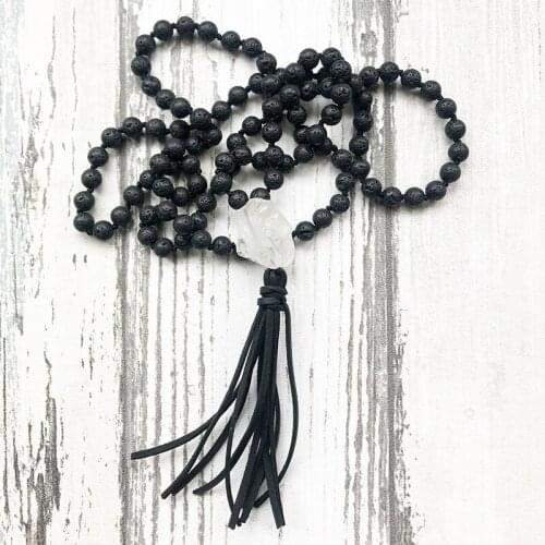 108 Mala Beads Necklace With Raw Q-artz Yoga Meditation Jewelry Black Lava Stone Hand Knotted Necklaces Leather Tassel Necklace