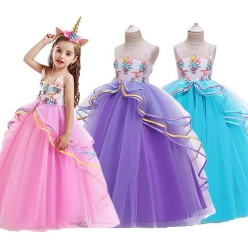 Unicorn Tutu Dress for Little Girl Summer Sleeveless Elegant Party Gown Children Fancy Wedding Dress Birthday Embroidery Costume