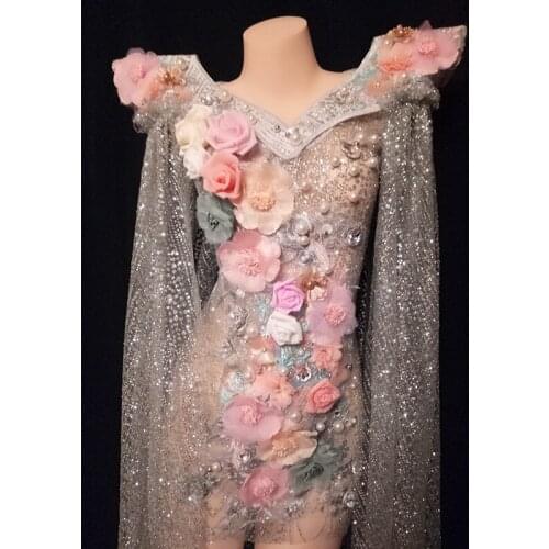 Sexy Stage Costume Women Sexy Mesh Flower Dress Long Shawl Celebrity Dresses Lady Singer Dj Ds Bar Nightclub Party Wear DT1983