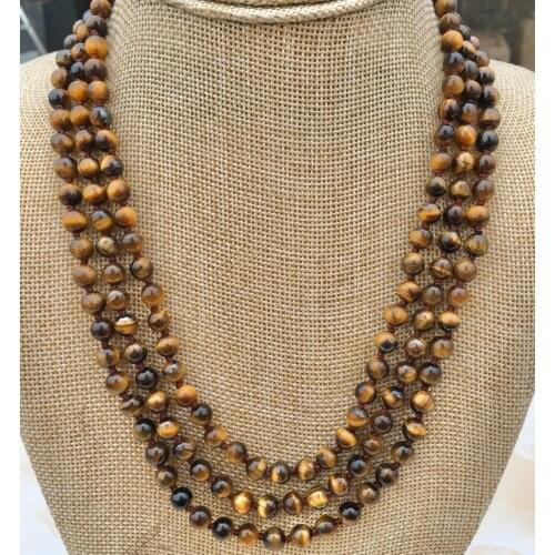 Stylish 3-row 6MM Tigers Eye Round beads jewelry necklace 17-19 inch