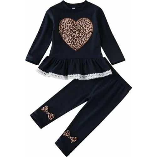 Children Kids Baby Girl Clothes Sets 2Pcs Leopard Love Print Lace Ruffled Tops Bowknot Leggings Fashion Girl Cotton Outfits 1-6Y
