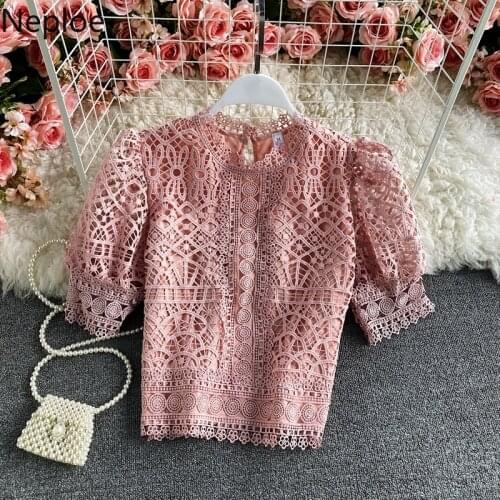 Neploe Blusas Mujer De Moda 2021 Vintage Puff Sleeve Blouses Hollow Out Crochet Floral Crop Tops Korean Summer Elegant Shirts
