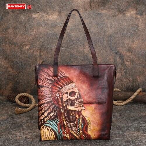 Women Handbag Large Capacity Laptop Shoulder Tote Bag Vintage Skull Bags New Hand-painted Original Indian Chief Genuine Leather