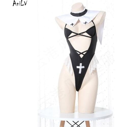 AniLV Women Monastery Nun Tight Leotard Bodysuit Swimsuit Costume Sexy Lace one-piece Swimwear Uniform Pool Party Cosplay