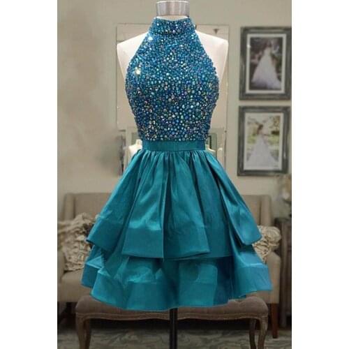 Beautifulinwhite High Neck Short Homecoming Dresses Beading Crystals Ruffles Tiered Short Prom Cocktail Dresses BH001
