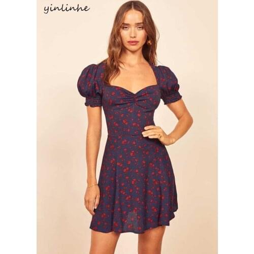 Yinlinhe Red Floral Summer Dress Short Sleeve high waist vintage Dress Women Niche style polka dot white slim mini Vestidos 1427