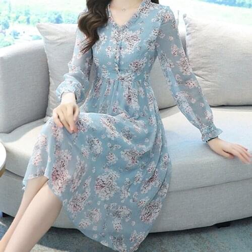2020 Women Casual Autumn Lady Korean Style Vintage Floral Chiffon Shirt Long Sleeve Bow Midi Summer Women Dresses