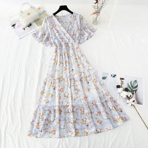 Elegant Ruffles Short sleeve Chiffon Women Dress V-neck Slim High waist Floral Long Dresses New 2021 Summer Dress Vestidos