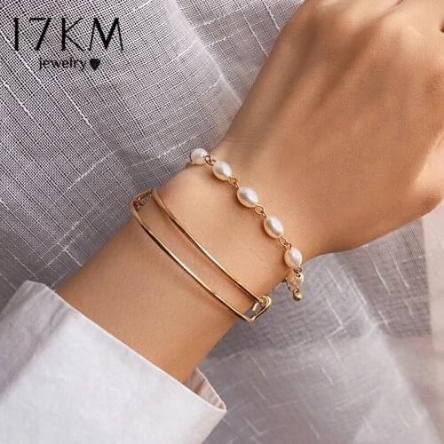 2Pcs Trendy Pearl Bangles Bracelets Set For Women Girls Fashion Multilayer Gold Metal Bracelet Gifts Jewelry