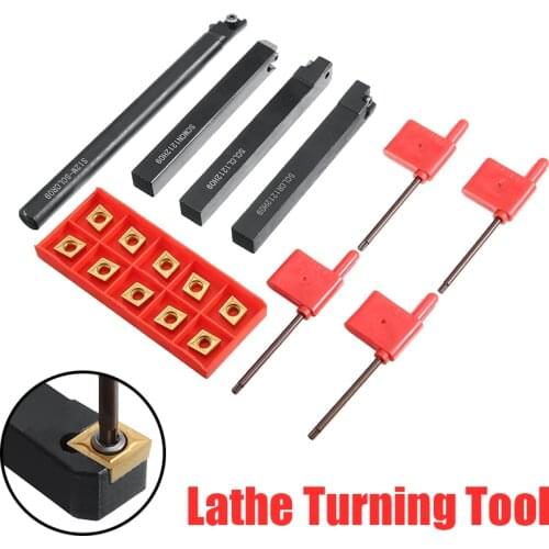 4pcs 12mm Lathe Turning Tool Holder + 10pcs Solid Carbide Inserts Holder Boring Bar for Lathe Cutter Metal Turning