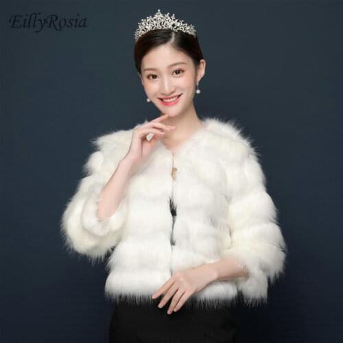 3/4 Long Sleeve Faux Fur Bolero Evening Wedding Women Wraps White Fur Shrugs Jacket Fashion Bridal Bridesmaids Cover Up Elegant