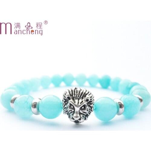 Natural Blue Amazonite Lion bracelet New style Elastic Rope Charm strand Vintage Blue Amazonit Lion head bracelets women jewelry