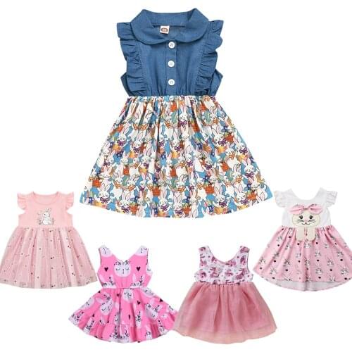 Childrens Dresses for Girls Jeans Cartoon Rabbit Printing Stitching Sleeveless Lapel Easter Toddler Dress 1T 2T 3T 4T 5T