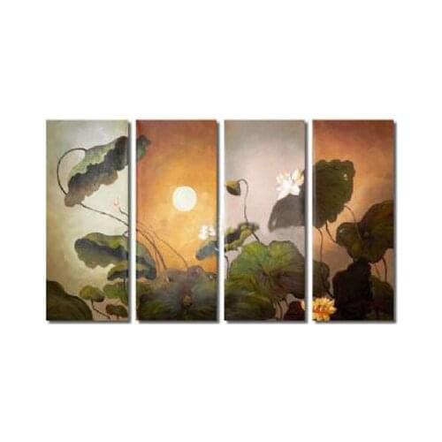 4 pcs Cuadros Decoracion Oil Painting Lotus Pool By Moonlight-Modern Canvas Art Wall Decor-Floral Oil Painting Wall Art