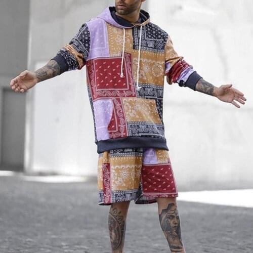 Two Pieces Bohemia Print Top Shorts Set Elastic Waist Skin-friendly Autumn Long Sleeve Hooded Top Shorts Set for Daily Life