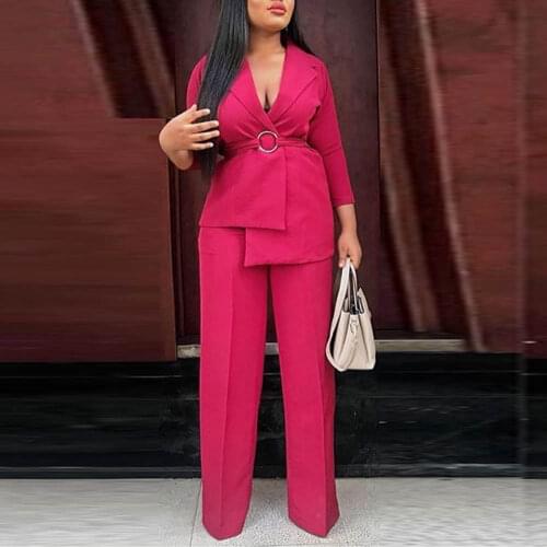 Two Piece Sets Sexy V Neck Long Shirts Tops Wide Legs Pants Elegant Dinner Office Lady Work Tracksuits African New Fashion