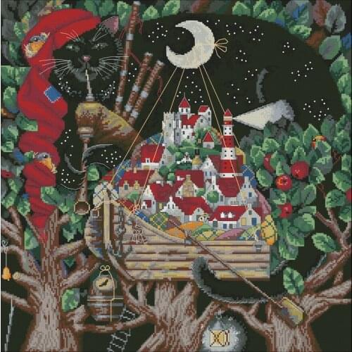 Popular Embroidery The Castle of the Black Cat Funny Cross Stitch Kits UK with 100% Cotton Floss & Free Shipping for Home Decor