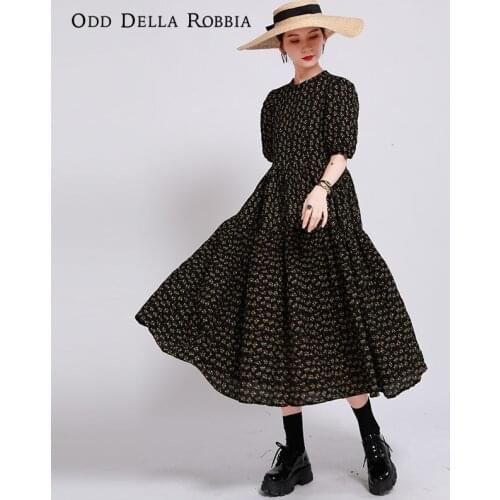 OddDellaRobbia Summer 2021 New Women Pastoral Small Floral Tie-Dye Pleated Dress Over The Knee Skirt Puff Sleeve Long Dress 1406