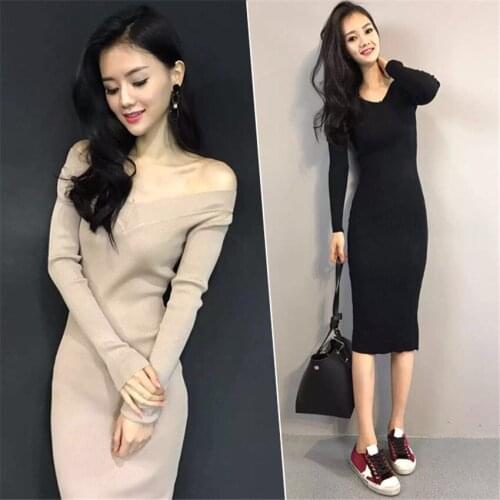 New Autumn Fashion Women V-Neck Knitted Dress Slim Elegant Knitted Sweater Pullover lady Bodycon Dresses Winter Bottomings WZ485